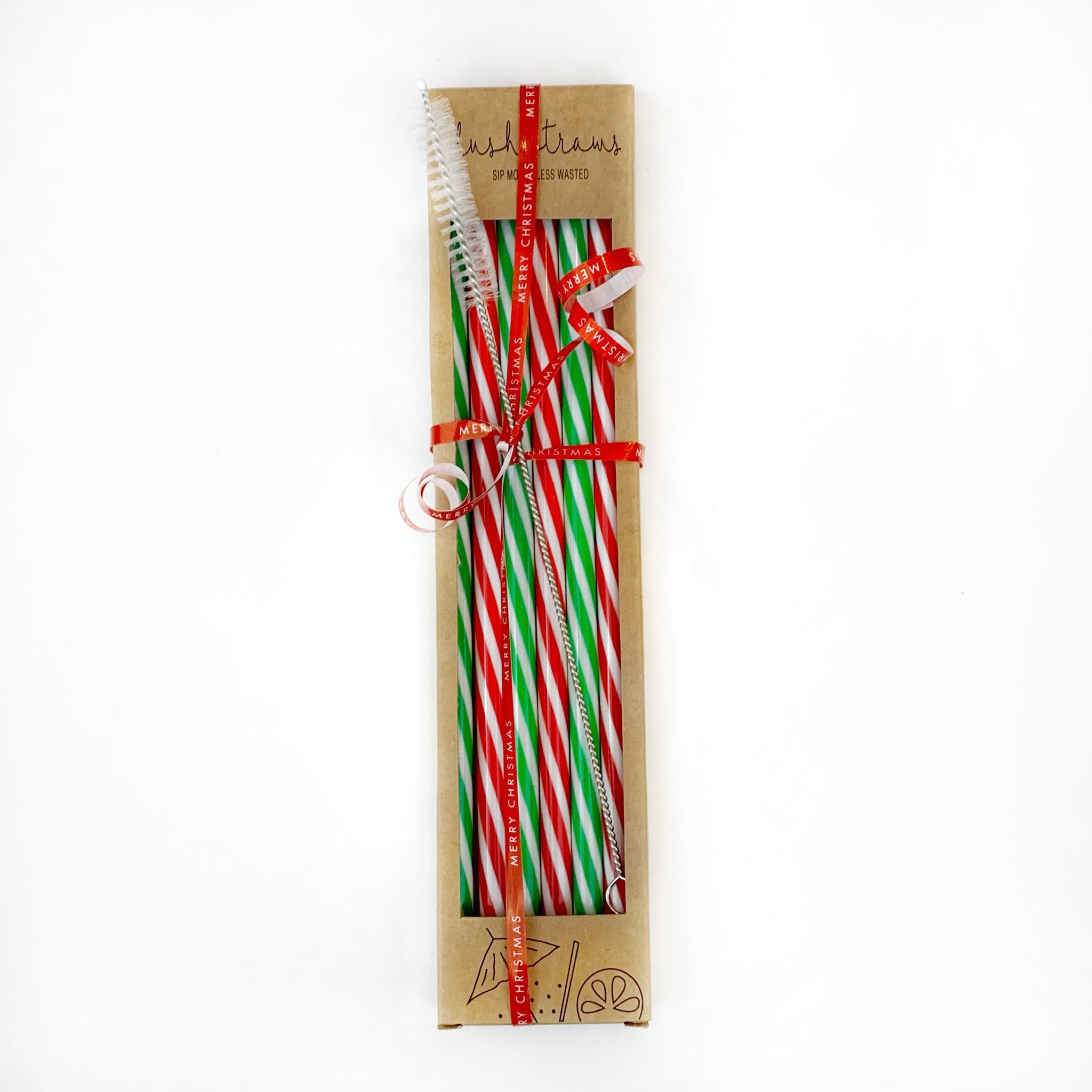 Christmas Glitter Reusable Straw 6 Straws & Cleaning Brush Set